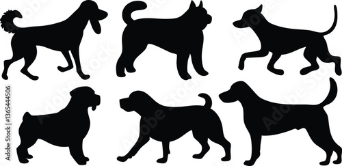 A set of dog silhouettes in various poses, including walking, standing, sitting, and sniffing. The dogs are depicted in different angles and styles