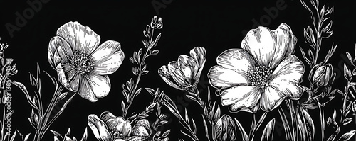 Monochrome floral illustration featuring delicate blooming wildflowers with curved stems and detailed petals set against a black background in artistic vintage engraving style