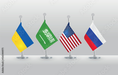 Flags of Ukraine, USA, Russia and Saudi Arabia. Peace Negotiations. Editable image.