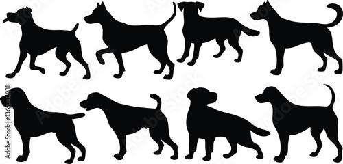 A set of dog silhouettes in various poses, including walking, standing, sitting, and sniffing. The dogs are depicted in different angles and styles