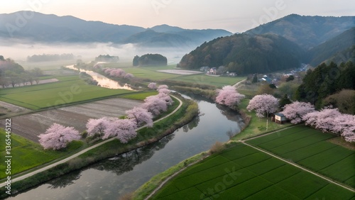 Scenic River Valley with Cherry Blossoms in Spring