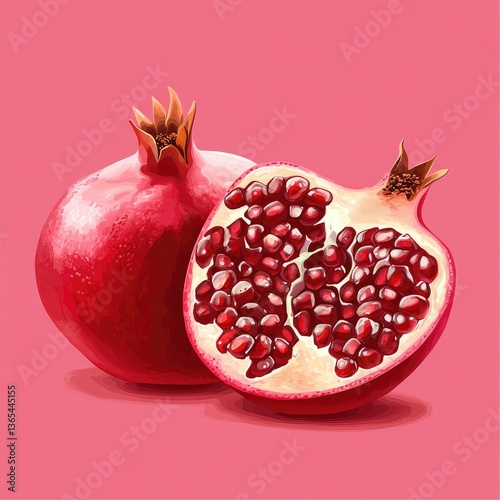 Two pomegranates, one whole and one half,  displaying juicy red arils against a vibrant pink backdrop.  Fresh and appetizing depiction of the fruit photo