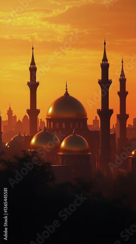 Majestic Skyline at Sunset Showcasing Domes and Minarets in a Historical City
