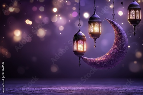 Decorative Lanterns and Crescent Moon Create a Magical Night Atmosphere for F...