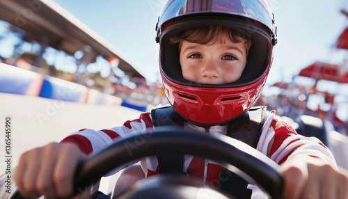 Child driving go kart outdoors