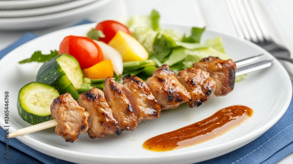 Grilled pork skewer with fresh vegetables and flavorful sauce served on a white plate showcasing a delicious and healthy meal Grilled pork skewer with fresh vegetables and flavorful sauce served on a white plate showcasing a delicious and healthy meal