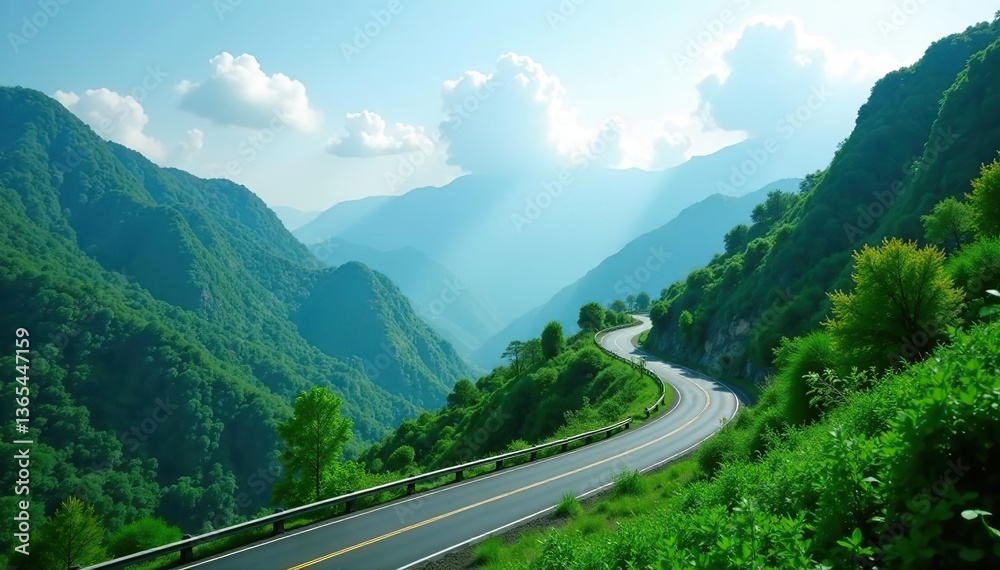 Naklejka premium Scenic road trip through lush green landscapes of China with winding roads, mountains, and forests under a cinematic sky, lush, scenic