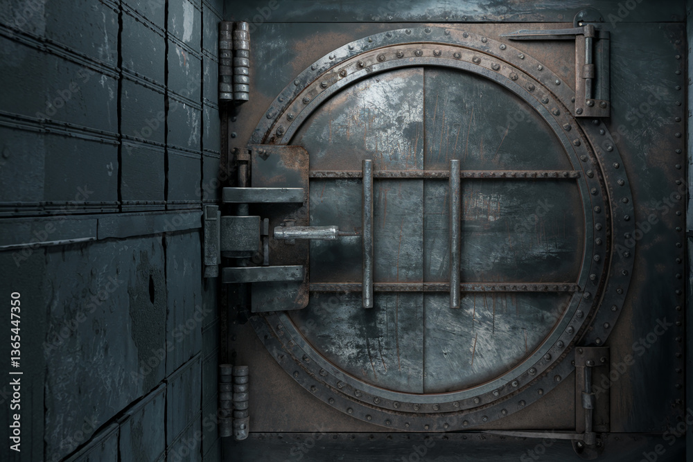 Fototapeta premium Close-up of a weathered, circular metal door with rivets and hinges, set within a dark metallic wall, suggesting age, security, and mystery