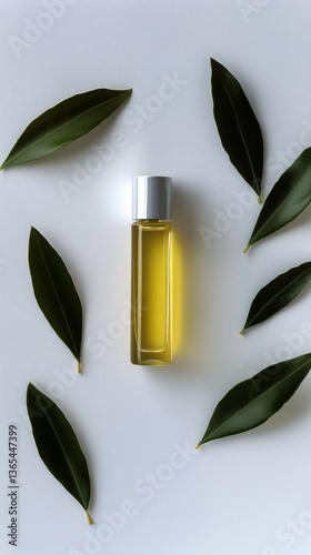Herbal Oil Surrounded by Green Leaves on a Neutral Background Showcasing Natu...