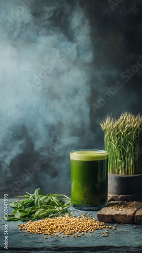 Fresh Green Drink With Ingredients Displayed on a Textured Surface in Natural...