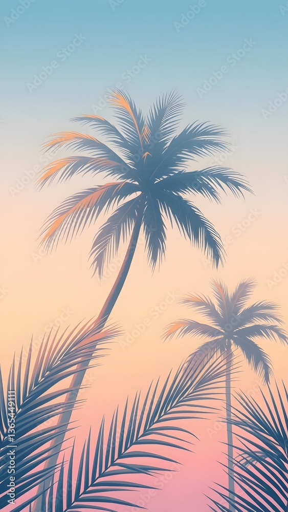 Obraz premium Tropical palm trees against a pastel sunset, perfect for phone wallpaper. 