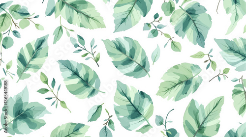 Watercolor pattern green leaves white background	