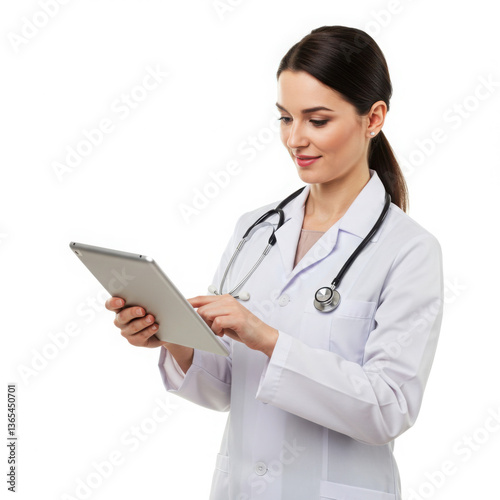  Smiling Female Doctor with Stethoscope Using Digital Tablet for Healthcare Consultation on White Background