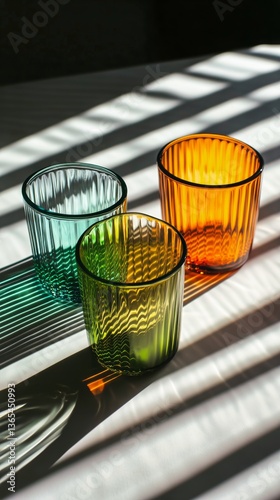 Colorful Glass Cups Casting Shadows on a Surface During Daylight