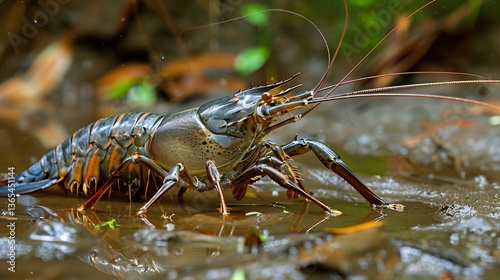 Conservation effort giant freshwater prawn important unsustainable fishing threatens population Resting riverbed long antenna sense movement murky water Promoting responsible aquaculture protecting