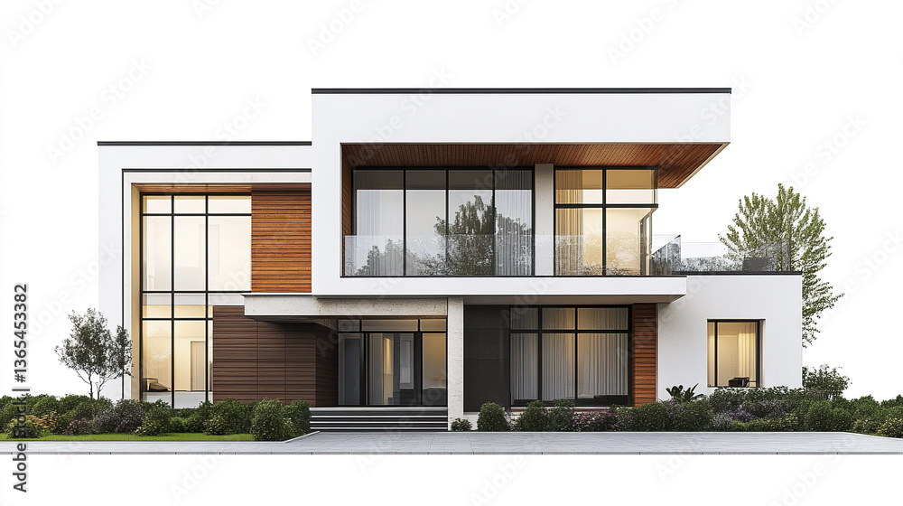 Fototapeta premium Modern residential house with large windows and greenery