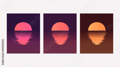 Retro Red Orange Purple Sun Sunset Water Reflection Poster