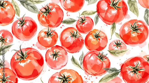 Seamless watercolor pattern featuring various types of tomatoes showcasing whole and halved tomatoes along with green leaves and branches on a white background	
