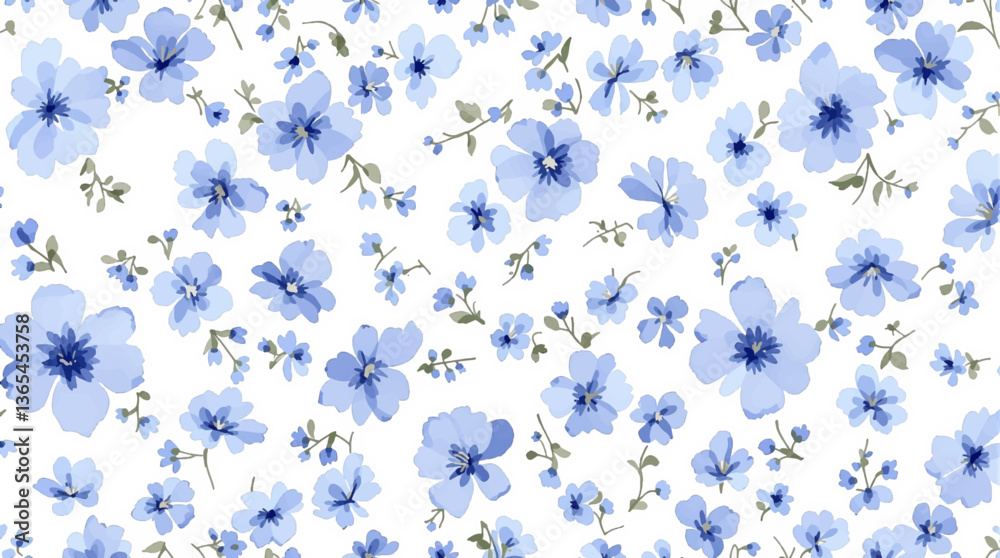 Watercolor Blue flower background, Beautiful seamless pattern with watercolor gentle blue flowers