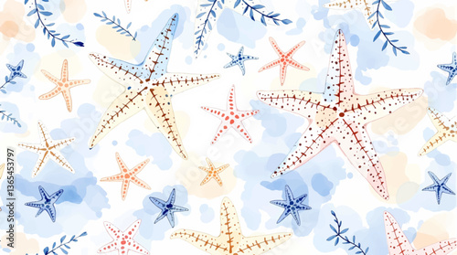 Seamless watercolor pattern of hand drawn nautilus shells and smooth sea pebbles on a white background, Watercolor pattern shells on white background	
