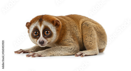  Slow Loris in a Crouching Position with Large Eyes on White Background