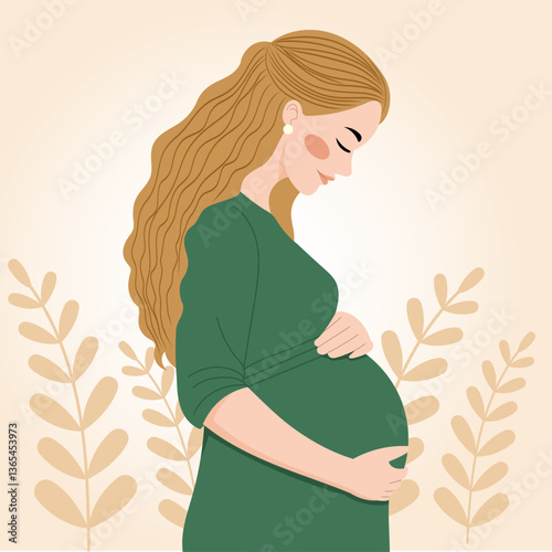 illustration of a pregnant woman with long, maternity dress. Her expression is serene and loving. 