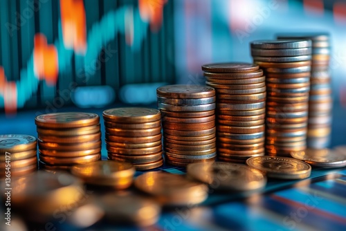 Stacks of Coins Positioned in Front of Financial Market Graphs During Trading...