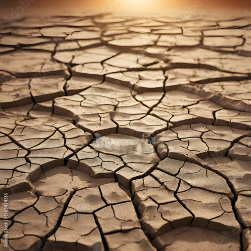 Cracked Earth: A close-up shot of parched land shows a network of deep cracks, embodying aridity and the impact of drought, under the golden light of the sun.