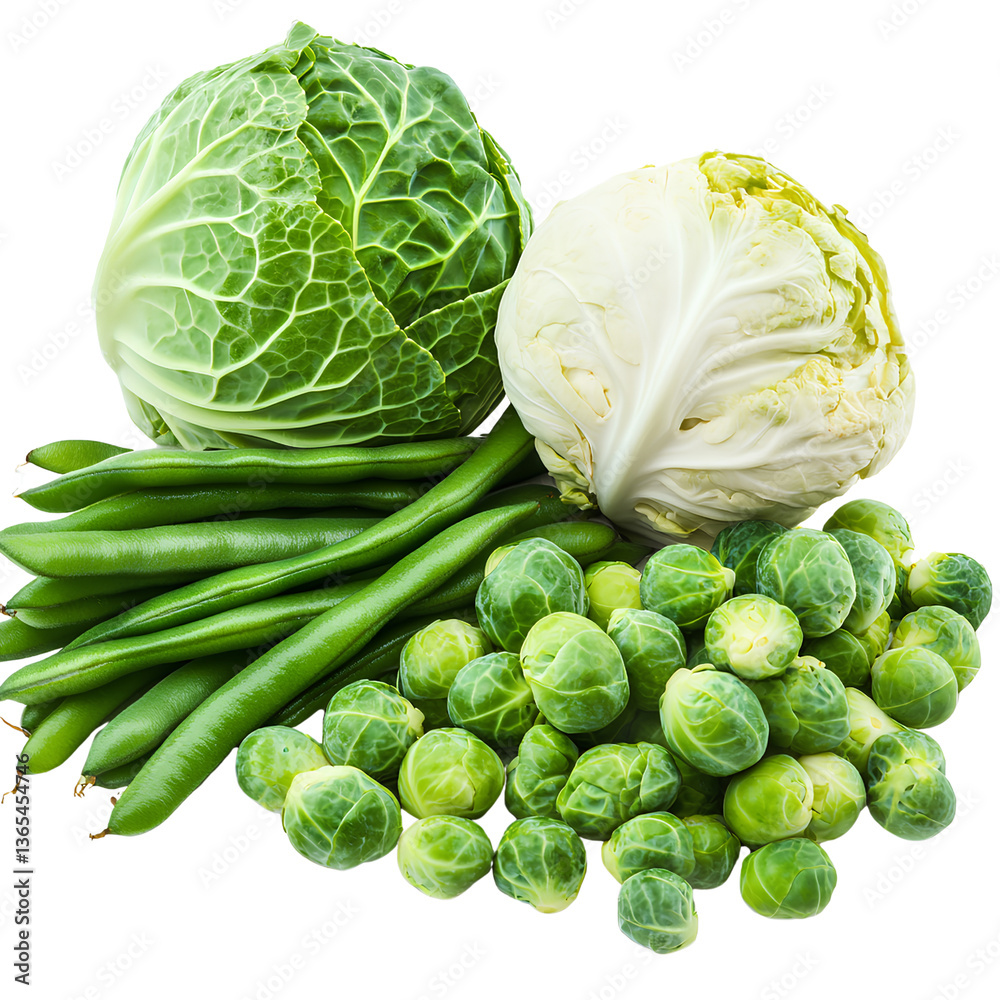 Fototapeta premium Cabbage, Brussels sprouts, and green beans isolated on a transparent background