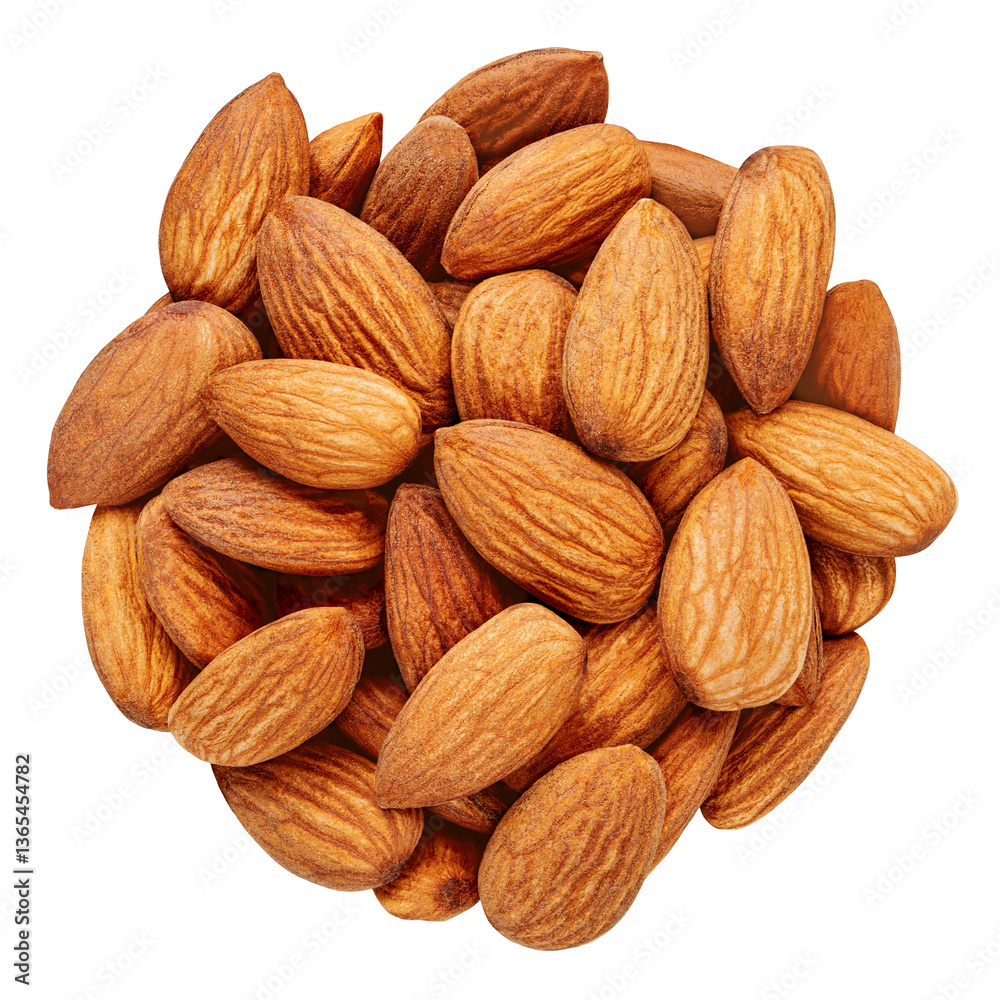 Almonds isolated on white background. Whole brown peeled almond nuts pile. Almonds Top view. Flat lay. Package design element. Almonds isolated on white background. Whole brown peeled almond nuts pile. Almonds Top view. Flat lay. Package design element.