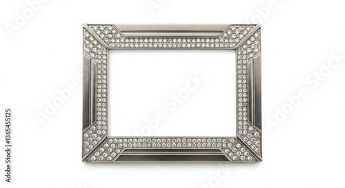 Luxury Silver Diamond-Encrusted Rectangular Picture Frame with Geometric Design on White Background