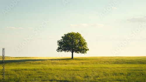 A solitary tree stands in the center of a vast sunlit field under a clear sky
