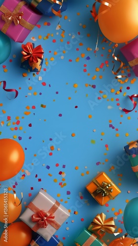 Colorful Celebration With Balloons, Gifts, and Confetti on a Blue Background
