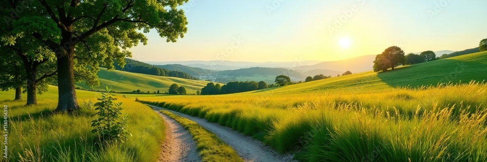 Fototapeta premium Scenic rural landscape with winding path, lush trees, rolling meadows, clear blue sky, and golden sunlight, landscape, rural