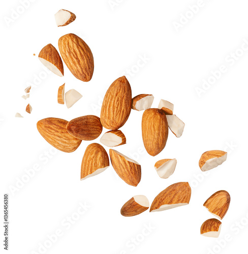 Peeled Almonds levitating in air on white background. Isolated Falling crushed almond nuts. Almonds  explosion. Collection. Set .