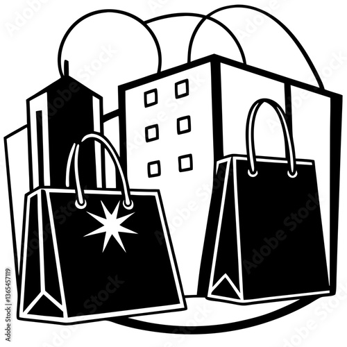 Shopping bags and buildings in a minimalist style  
