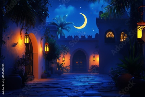 Enchanting Night in a Tranquil Village With Illuminated Lanterns and a Cresce...
