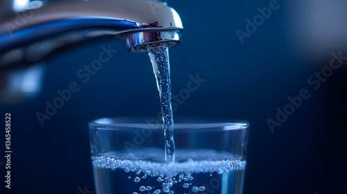 Water flows from a chrome faucet into a clear glass creating small bubbles as it fills