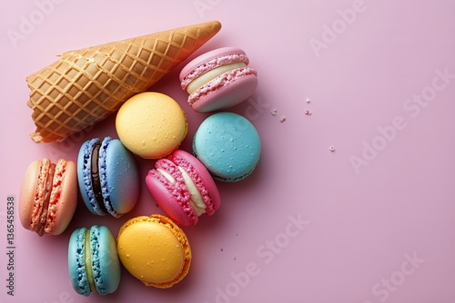 Colorful Macarons Arranged in a Cone on a Pink Background During a Dessert Di...