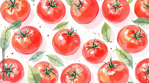 Seamless watercolor pattern featuring various types of tomatoes showcasing whole and halved tomatoes along with green leaves and branches on a white background	