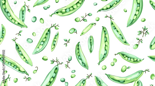 Seamless pattern with watercolor green peas drawing illustration on white background