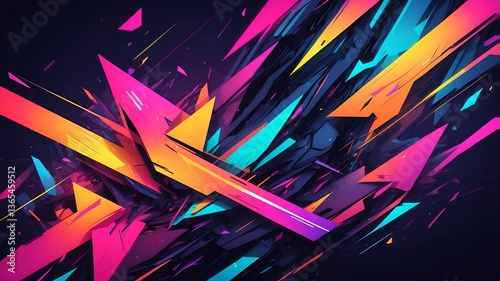 high-energy abstract background featuring neon cyberpunk colors, glitch effects, and dynamic geometric shards