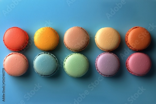 Colorful Macarons Arranged in a Row on a Blue Surface Showcasing Vibrant Past...