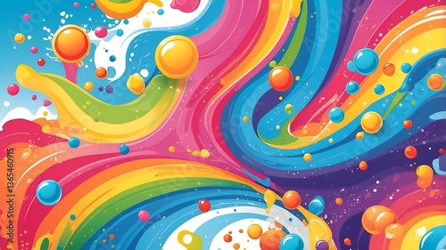 fun and cheerful liquid splash background with a mix of rainbow colors, bubbly textures, and playful swirls