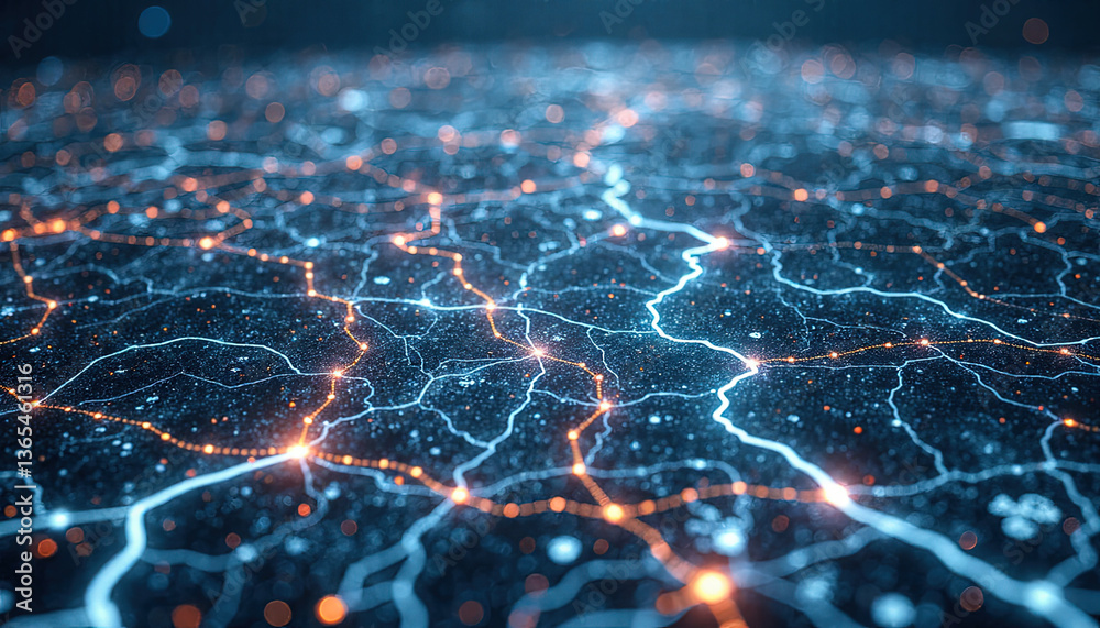 Obraz premium Abstract network structure glowing with blue and orange lights 