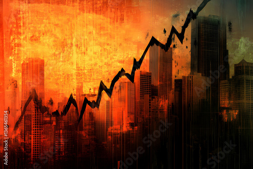 Fiery city skyline with bold rising arrow chart symbolizing growth, profit and recovery. Energetic finance background for bullish trends and success themes.