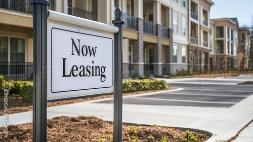 Now Leasing sign in front of a modern apartment complex, showing new construction and available residences