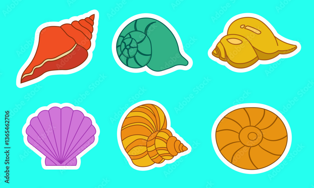 Colorful Seashell Stickers Set Isolated on Light Blue Background Illustration Colorful Seashell Stickers Set Isolated on Light Blue Background Illustration