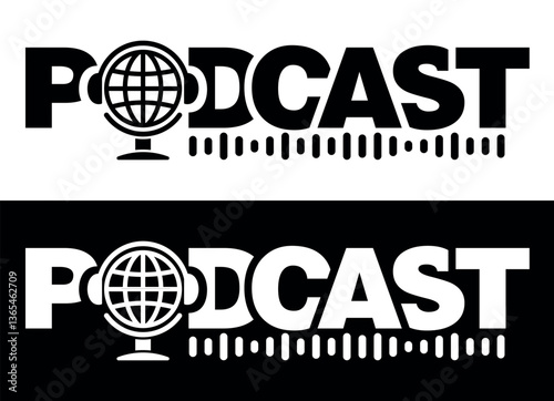 Global broadcast podcast icon. Planet Earth as a studio microphone with headphones and voice audio sound waves. Vector on transparent and dark background