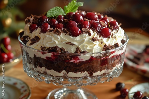 Delectable Chocolate Dessert Layered With Cream, Cherries, and Shavings in a ...
